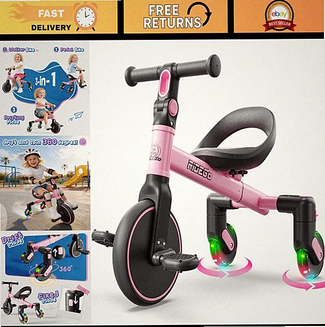 Ridego 3-in-1 Toddler Tricycle for 2-5 Years, Drift Trike with 360° Spin, Light