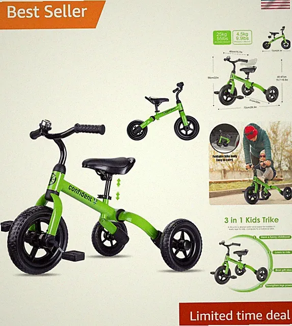 Versatile 3 in 1 Toddler Trike with Foldable Design and Removable Pedals - Green